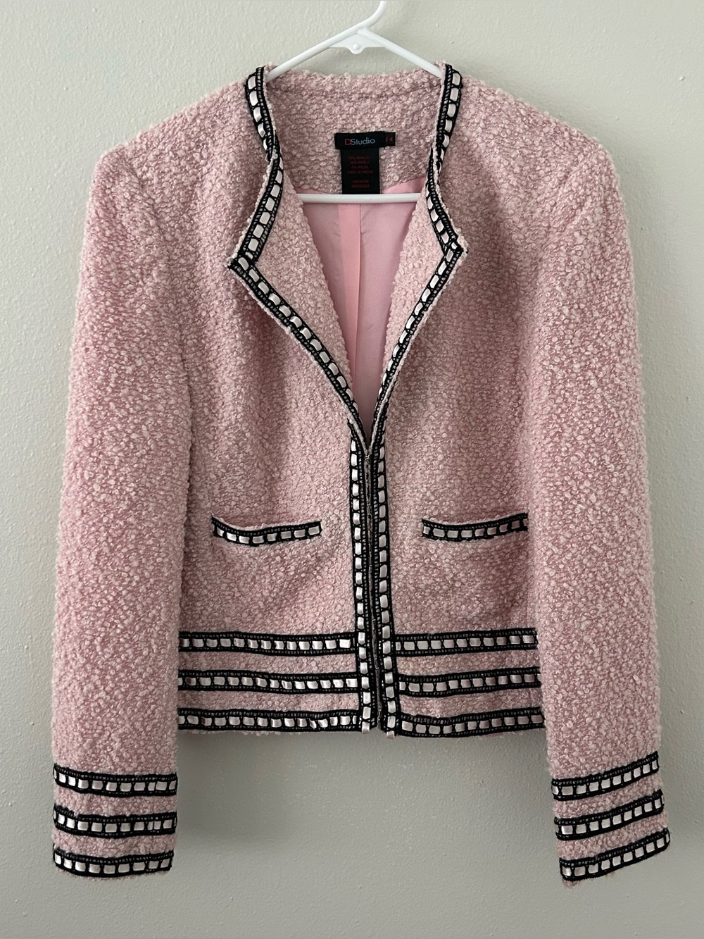 DStudio Light Pink Black Wool Blend Boucle Short Jacket Blazer Womens 14 Classic